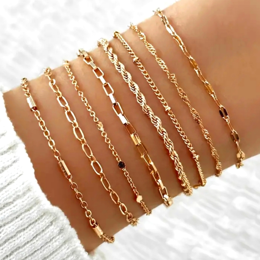 8 Gold Color Chain Bracelets Trendy Chain Bracelets Set of 8 NEW